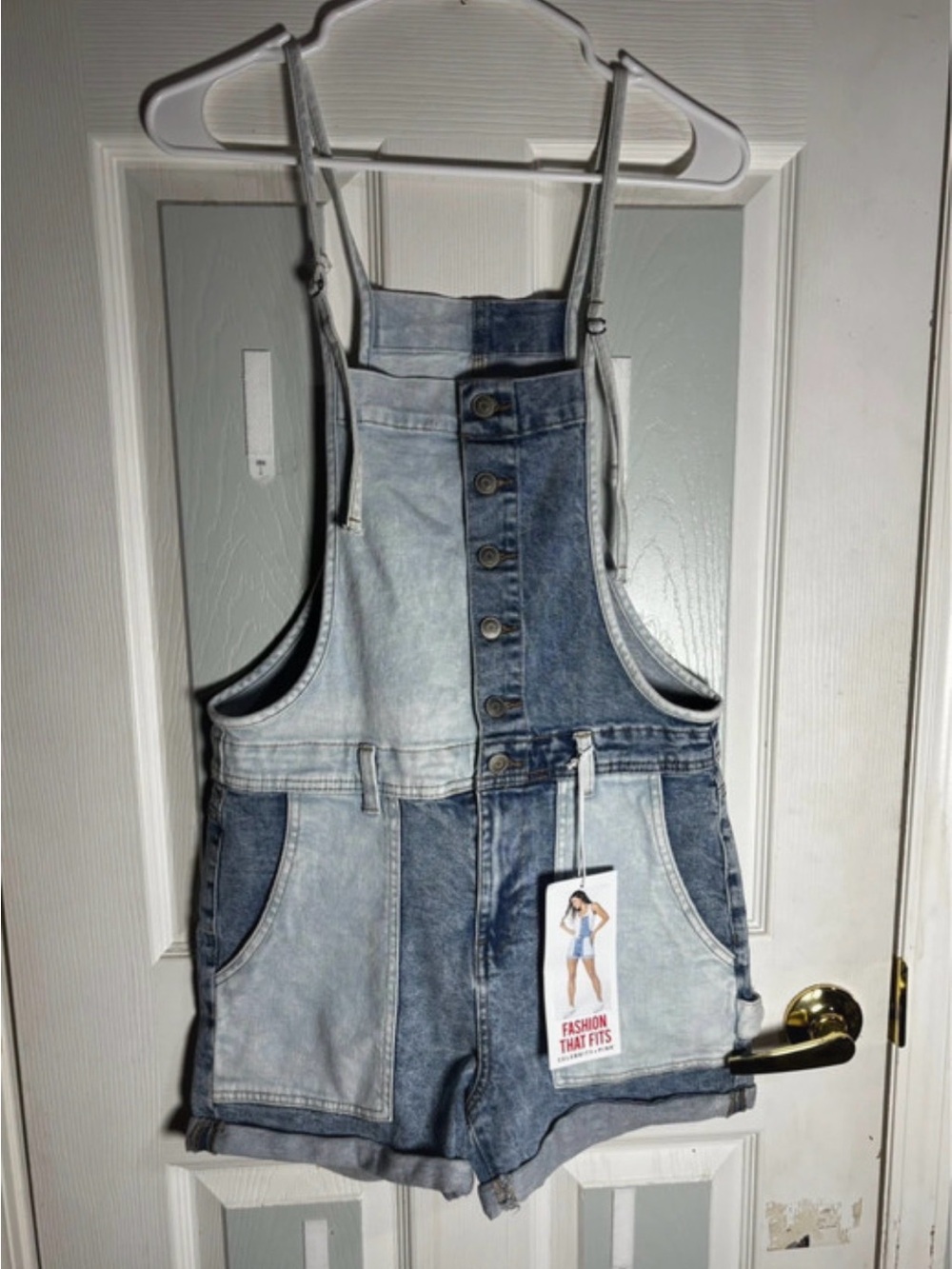Ladies Two-Tone Denim Short Overalls - Blue